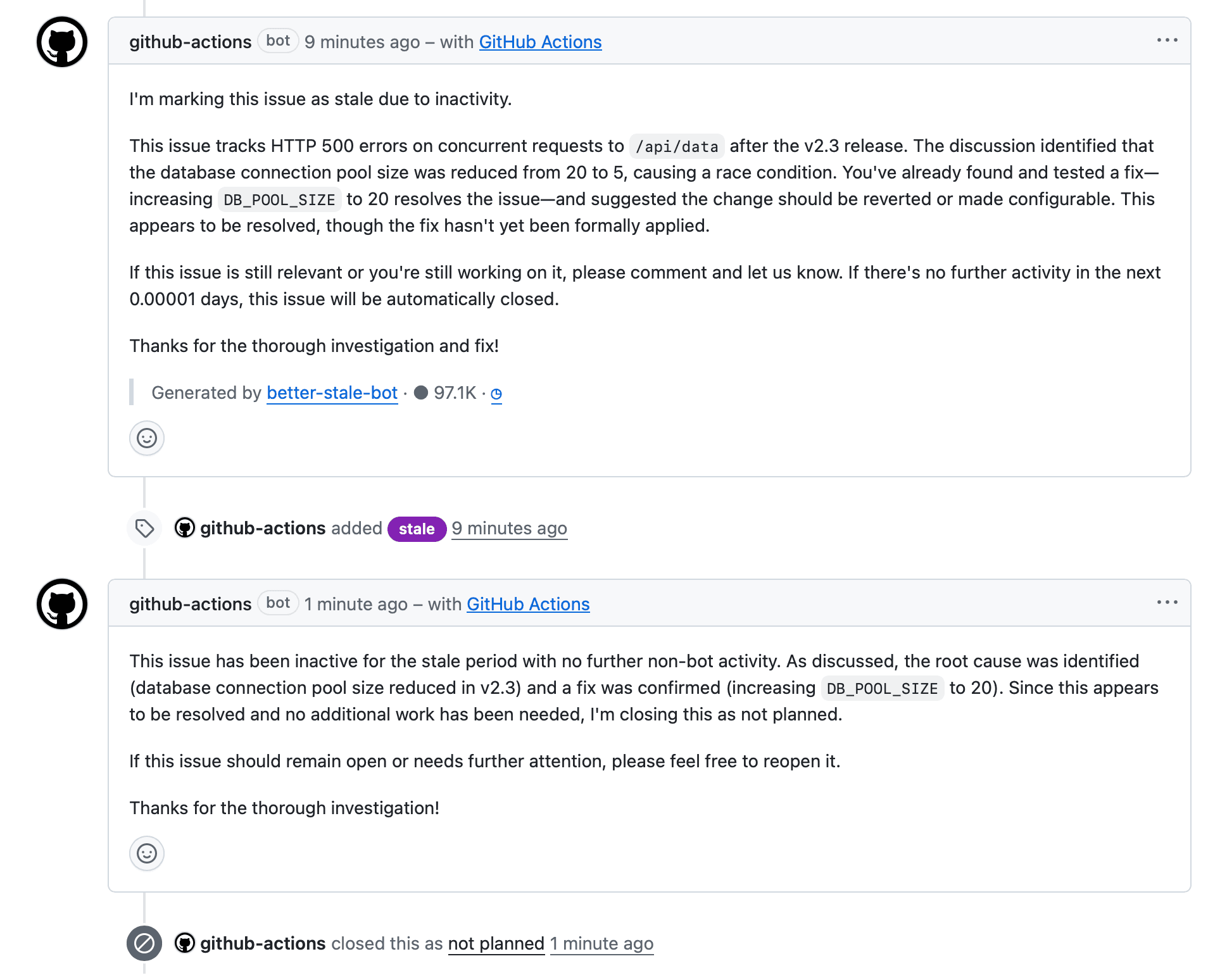 Demo: better-stale-bot on a GitHub issue thread