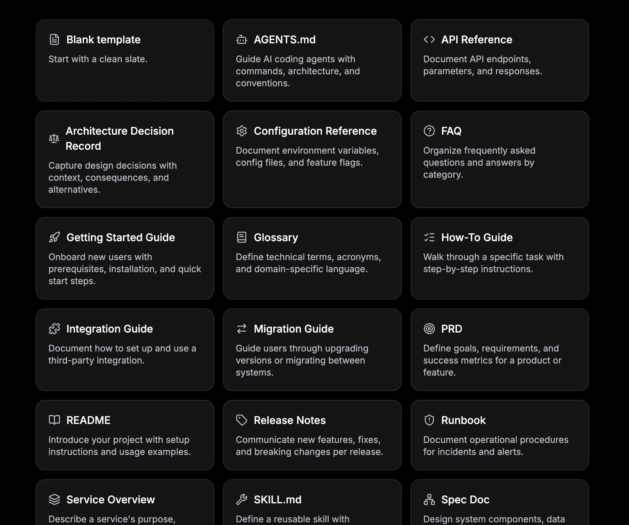 Dosu's document template gallery, including a native AGENTS.md starter template alongside API Reference, Architecture Decision Record, Runbook, SKILL.md, and other document types