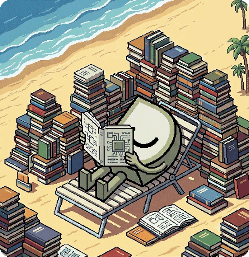 Dosu on a beach reading documentation.