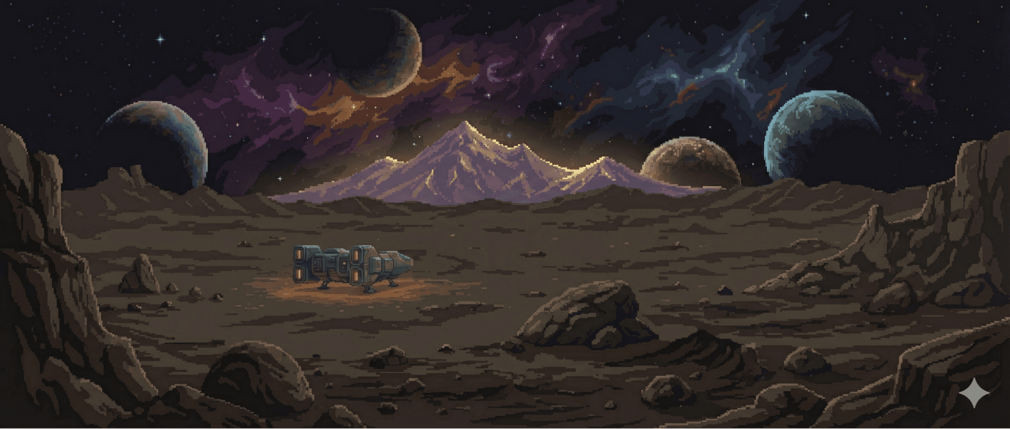 Pixel art spaceship orbiting a cratered moon with distant planets