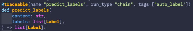 Python @traceable decorator wrapping Dosu's predict_labels function to send LangSmith traces