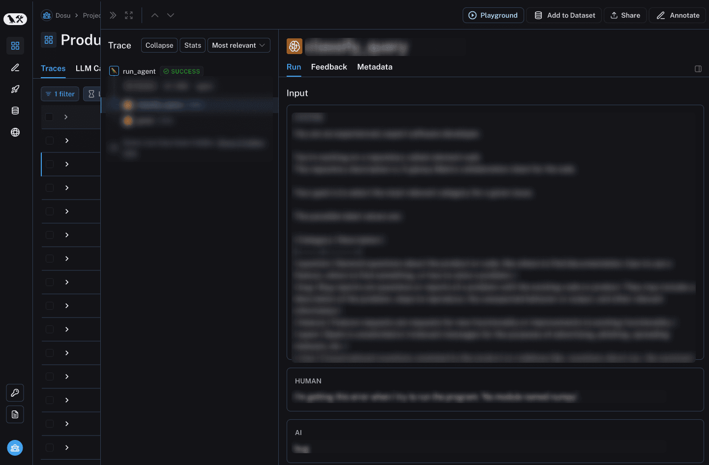 LangSmith trace UI showing nested function calls alongside rendered prompt templates and LLM input and output
