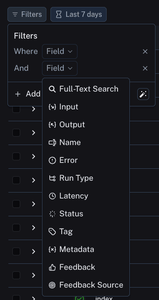 LangSmith filter panel listing trace search criteria including Input, Output, Latency, Tag, and Feedback