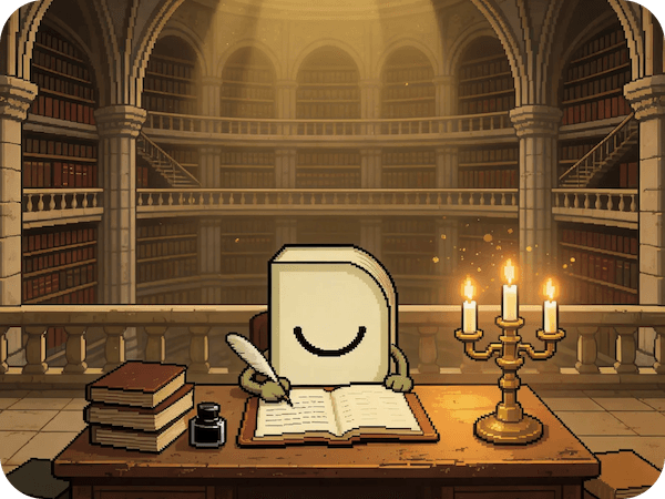 Dosu hard at work with a quill and ink, writing in a massive library.