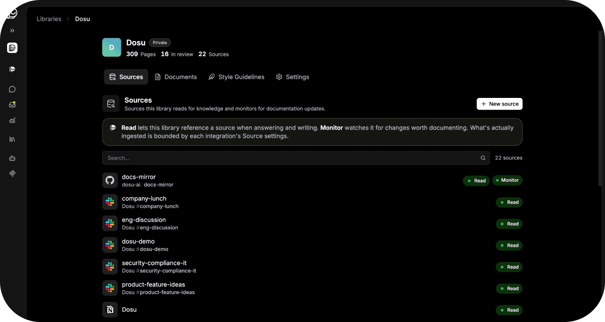 The Sources tab of the new Library detail page in the Dosu app.