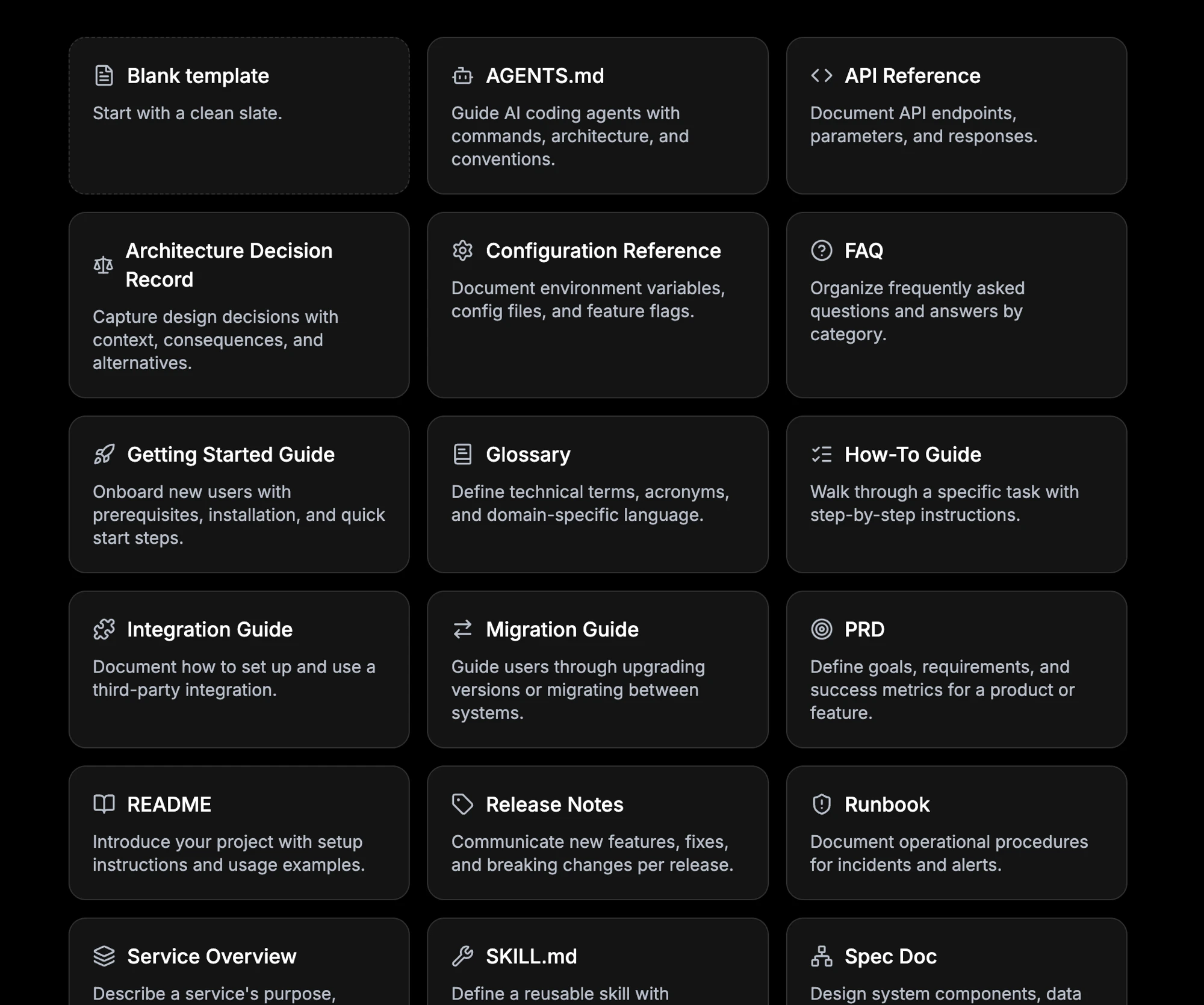 Dosu's document template gallery, including a native AGENTS.md starter template alongside API Reference, Architecture Decision Record, Runbook, SKILL.md, and other document types