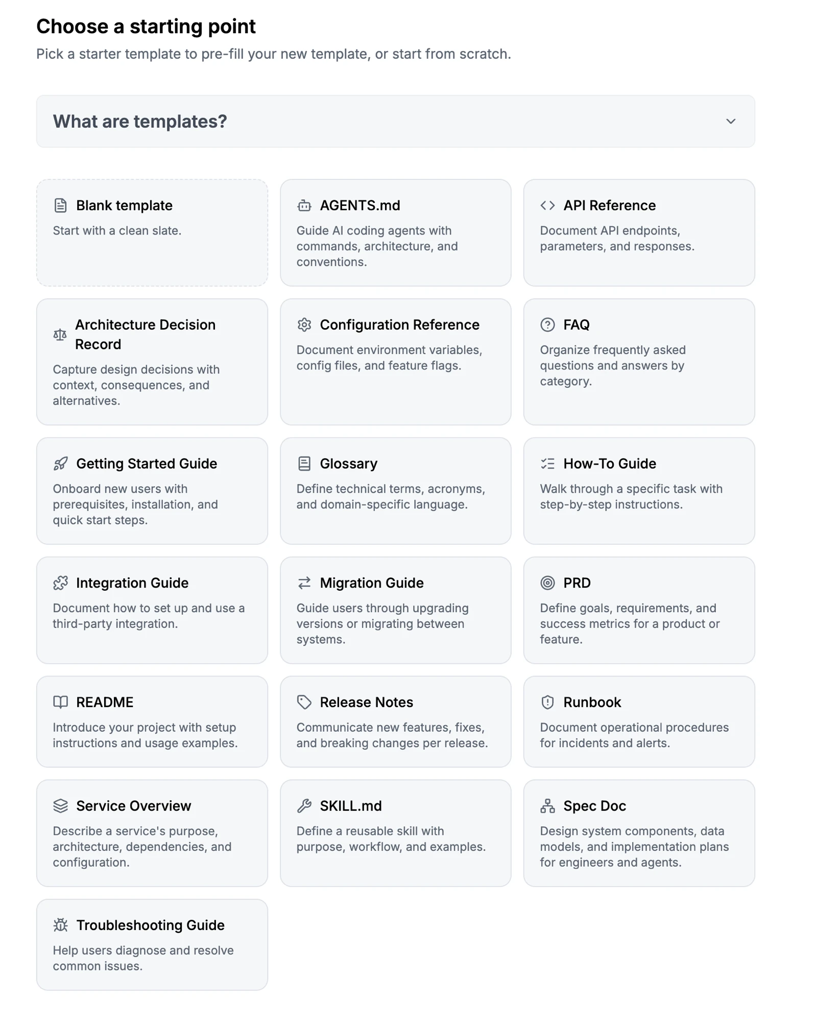 Dosu's 'Choose a starting point' template gallery with ready-made starter templates such as AGENTS.md, API Reference, Architecture Decision Record, Runbook, Release Notes, SKILL.md, and Troubleshooting Guide.