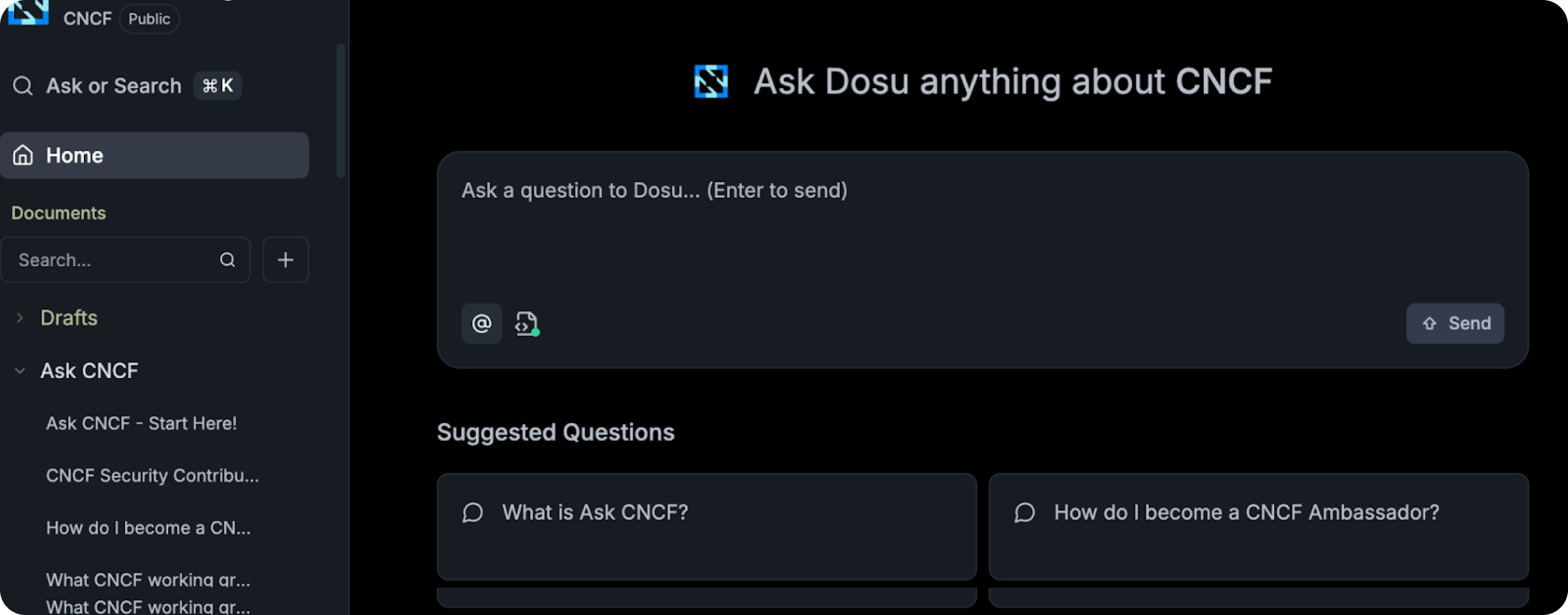 The ask.cncf.io Public Space landing page, showing the CNCF logo.