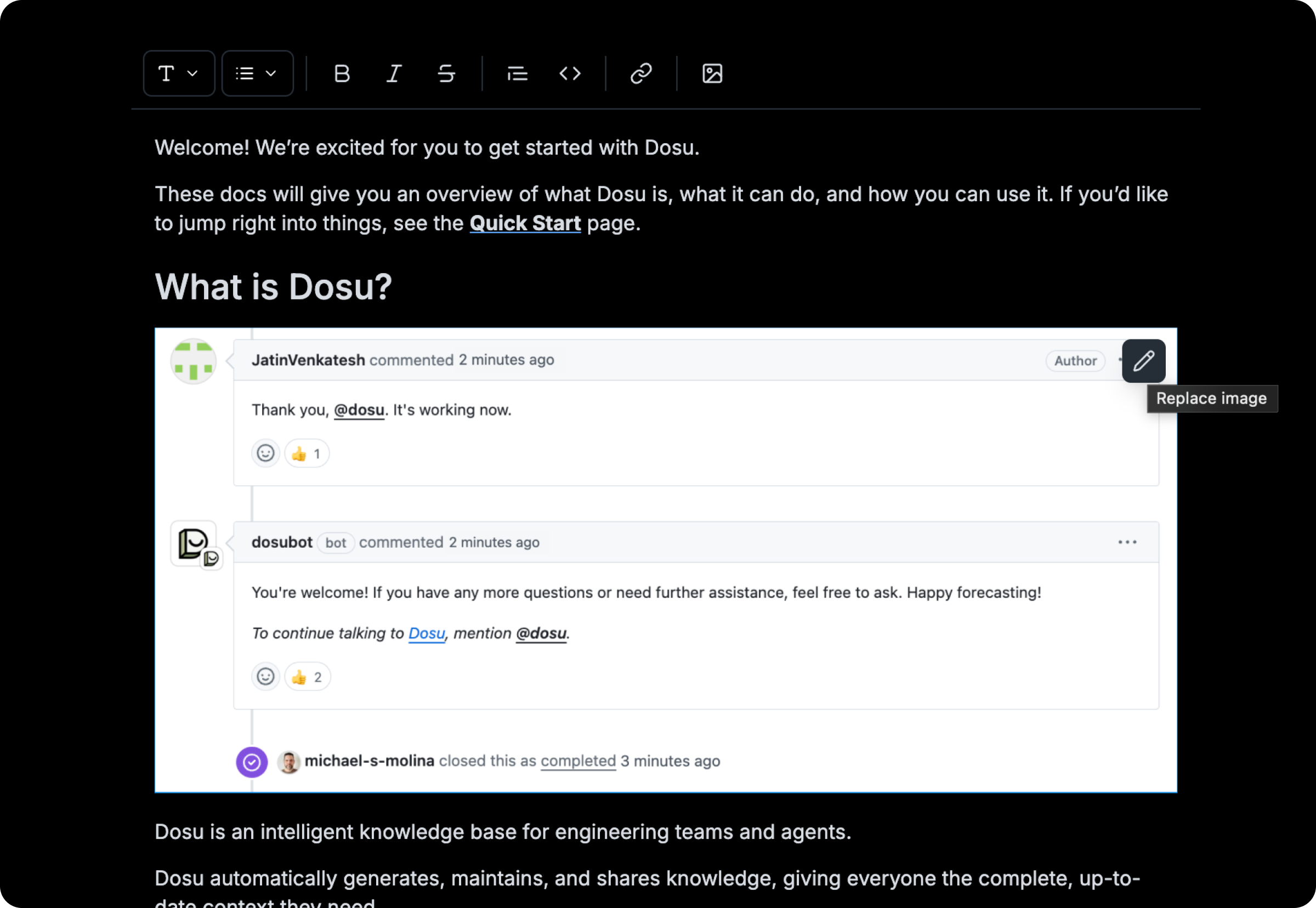 The Documentation editor showing the new image upload support