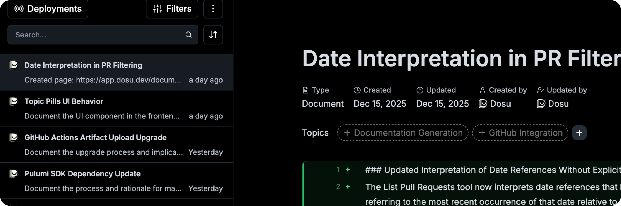 The updated Review interface showing Documentation diffs
