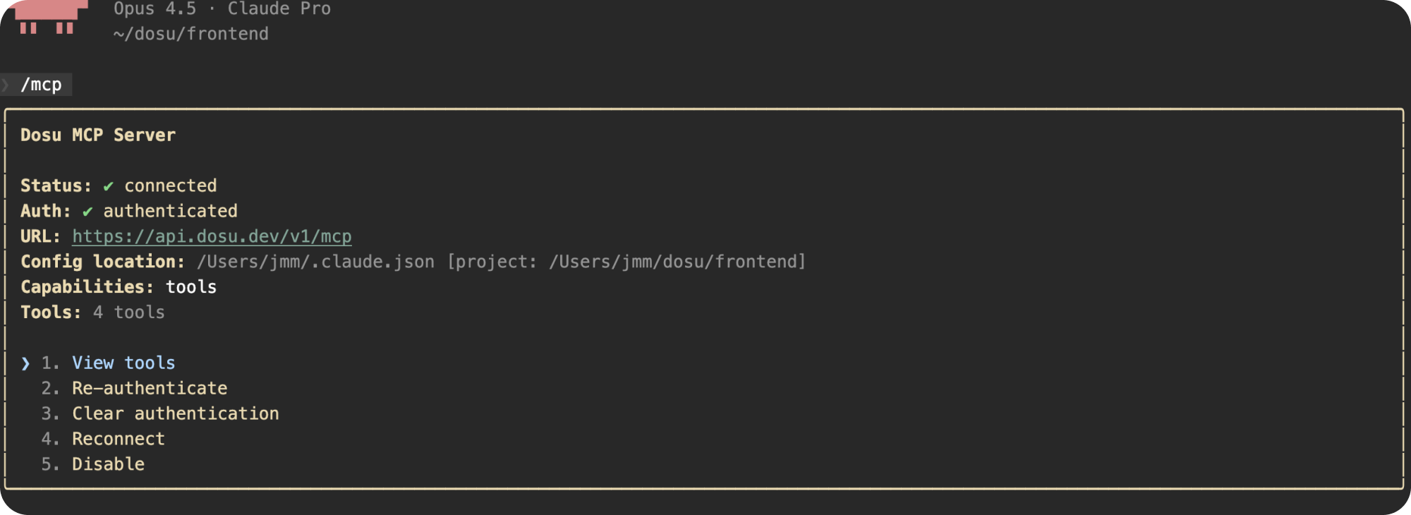 A screenshot of Claude Code showing the Dosu MCP Server connected
