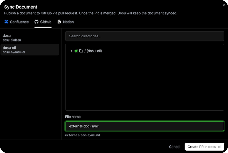 The new external sync UI showing a doc being sent to GitHub