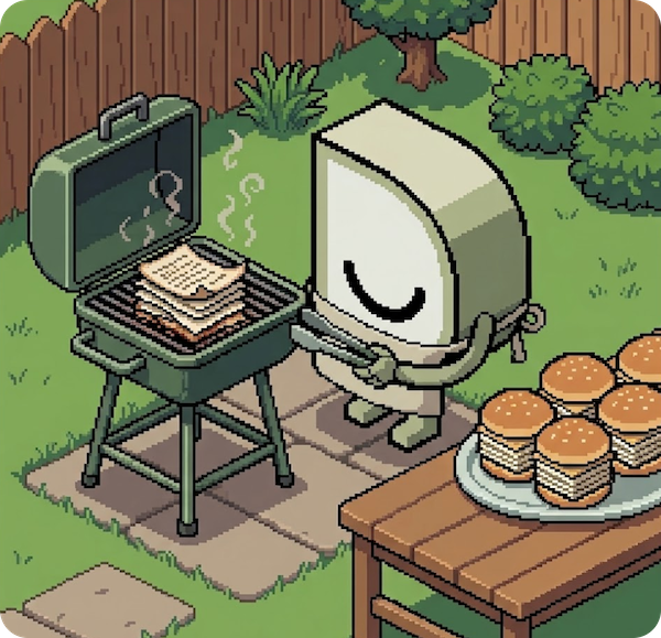 Dosu wearing an apron and grilling up a big batch of docs
