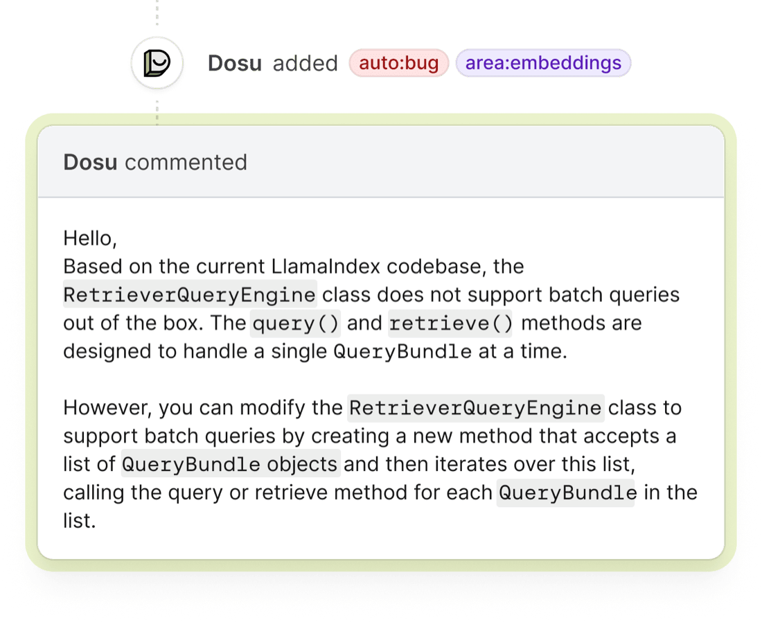 Dosu commenting on a GitHub issue