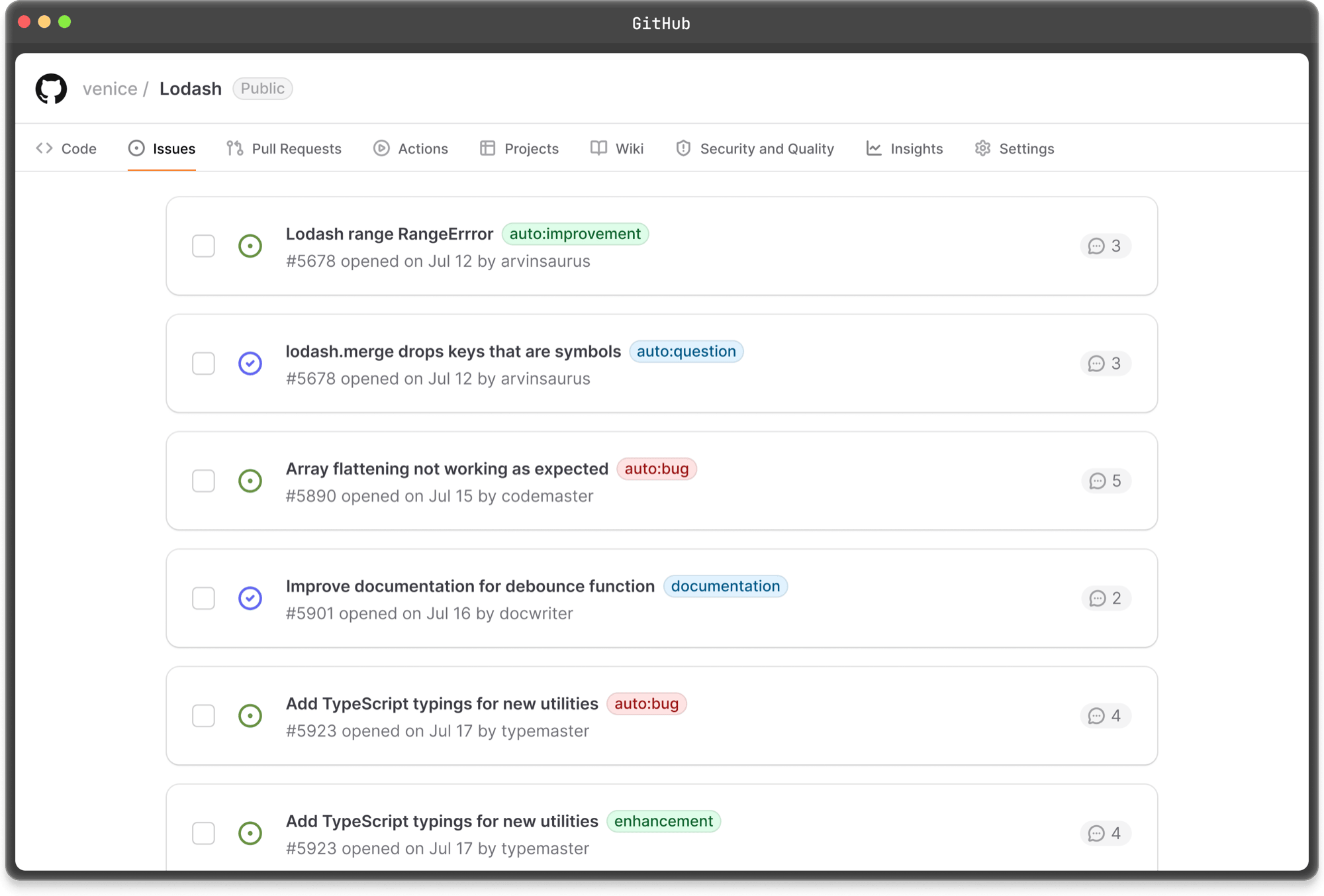 A GitHub repository with issues automatically labelled by Dosu